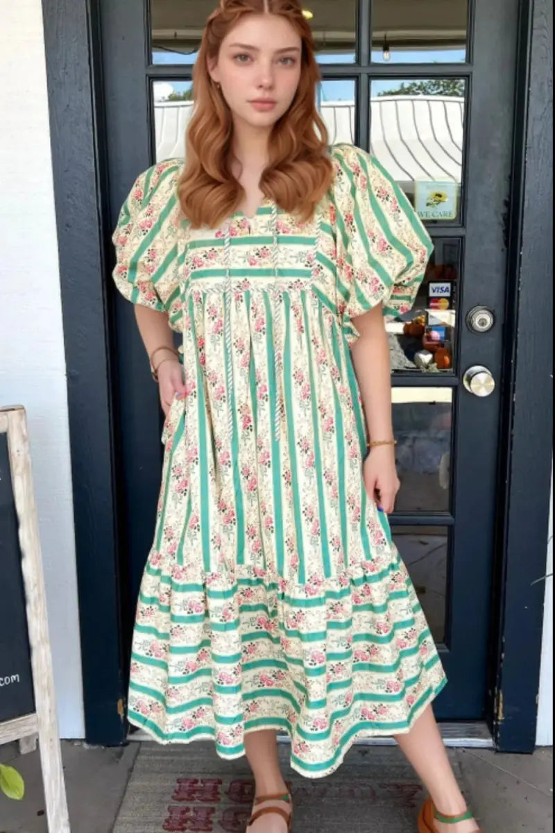 Striped Floral Print Tie Neck Puff Sleeve Midi Dress For Women - Love Salve